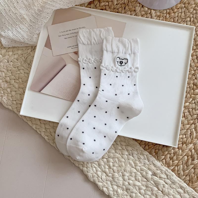 Embroidered Bear Socks, Girls' Autumn Cartoon Cute Mid-calf Socks, Bubble Mouth Polka Dot Socks, Boneless Pile Socks