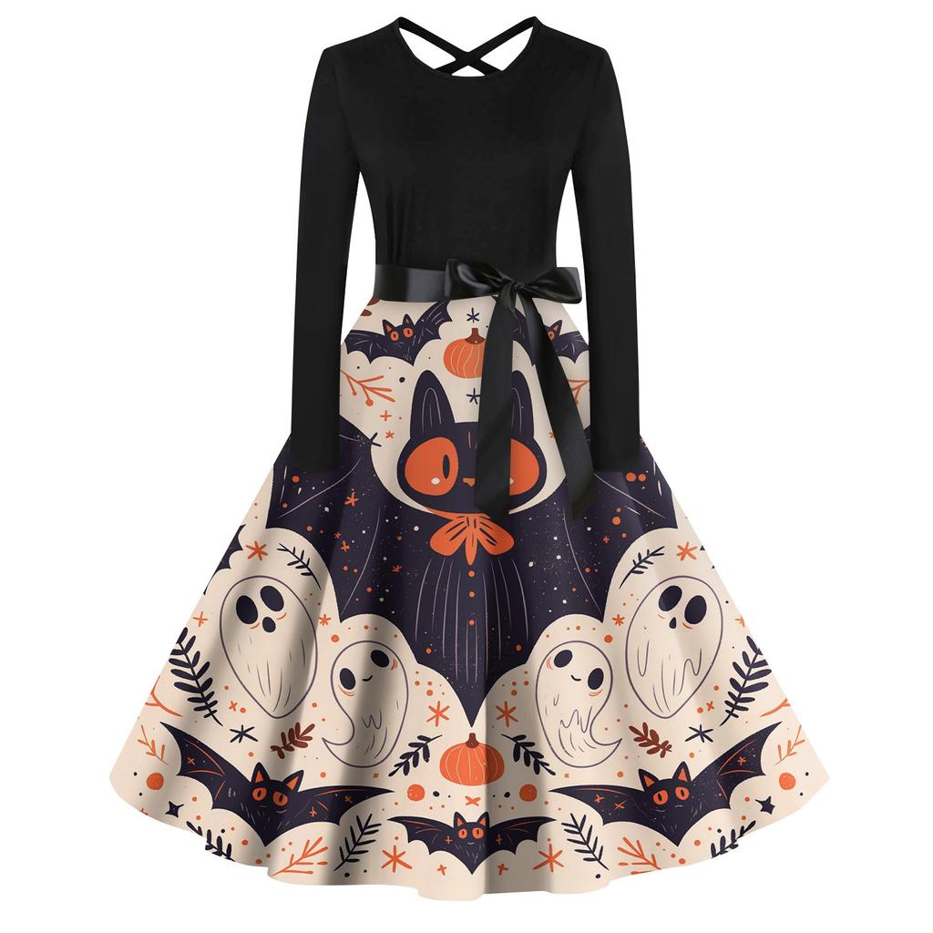 Women's Casual Print O-neck Pullover High Waist Long Sleeve Dress