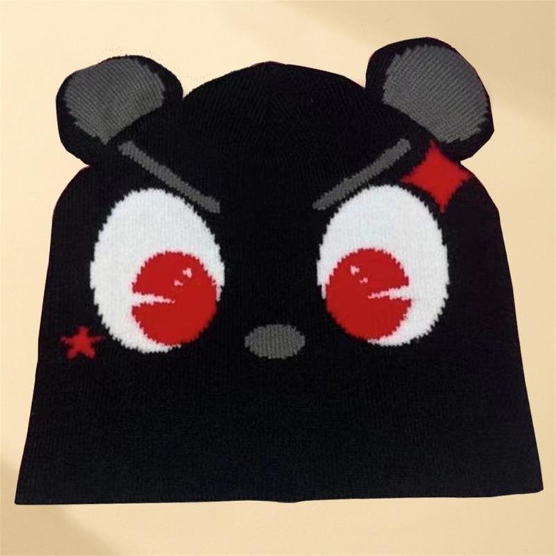 Punk Teenager Mütze Strickmütze mit Jacquard Cartoon Muster Skimütze mit kleinem Ohr