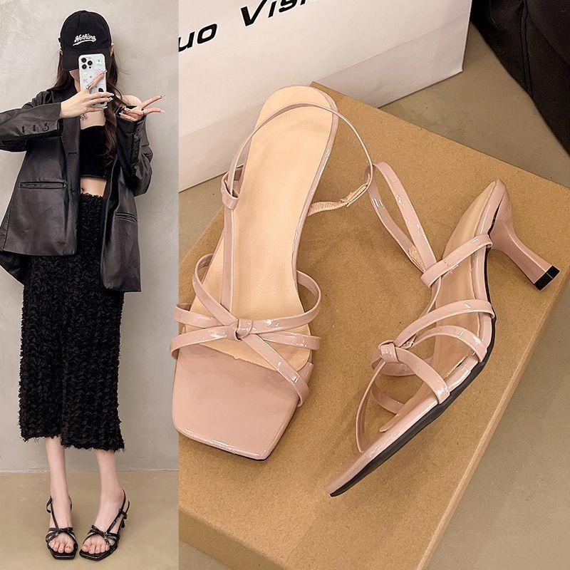 Internet celebrity temperament strappy celebrity stiletto open-toed high heels 2025 fairy style summer French cross-heeled sandals
