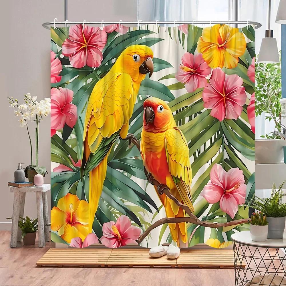 Papagei Duschvorhang Tukan Tropische Pflanze Tier Blume Blatt Ozean Flamingo Cartoon Polyesterstoff Badezimmerdeko Vorhänge