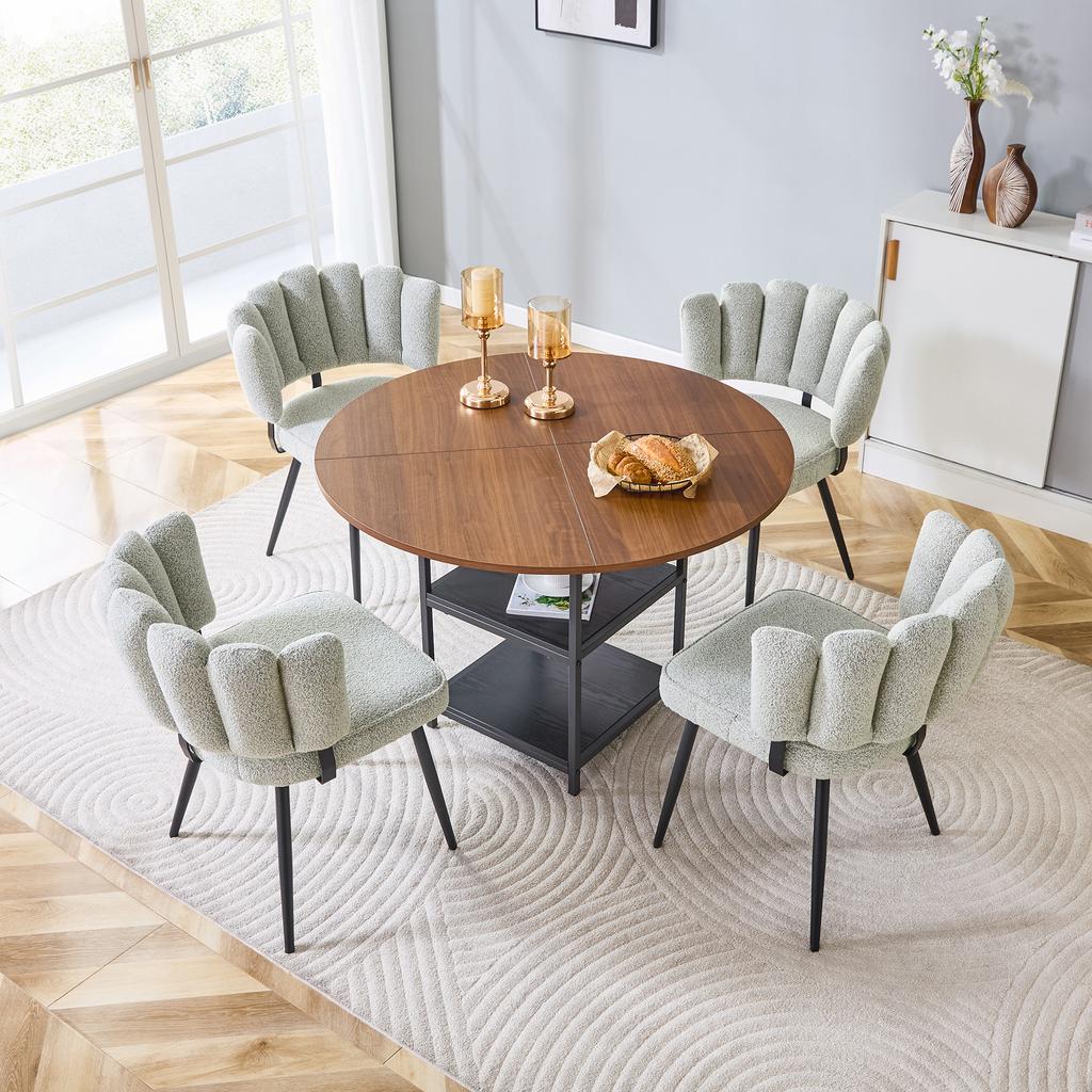 Set tavolo e sedie. Tavolo da pranzo rotondo da 107 cm effetto noce, doppio vano contenitore + 4 sedie in tessuto grigio crema con schienale a forma di fiore in bouclé.