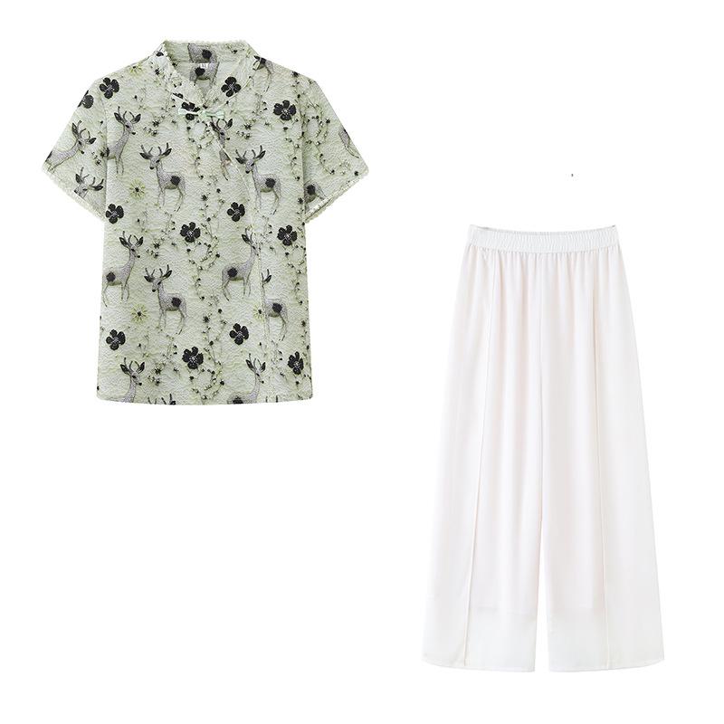 2026 Stylish Summer Two-Piece Set for Middle-Aged Women, Chinese Style Top & Outfit