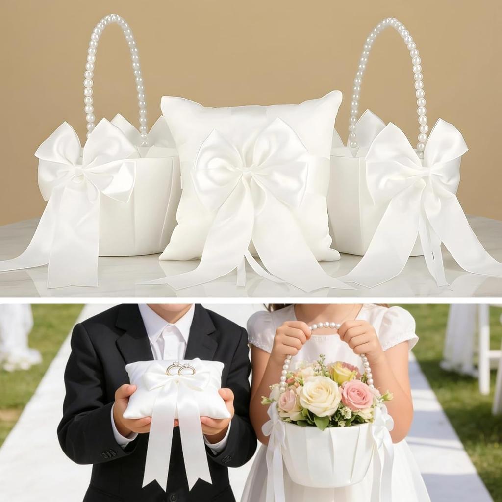 3 Pcs Wedding Ring Bearer Pillow Flower Attendants Baskets Set, Including an Elegant Ring Pillow and 2 Flower Attendant Baskets with Pearl Handle