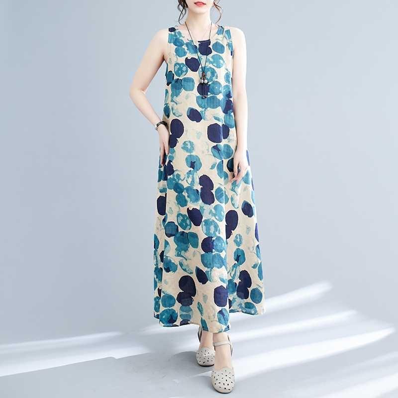 Long Skirt Summer New Sleeveless Round Neck Printed Mid Length Dress
