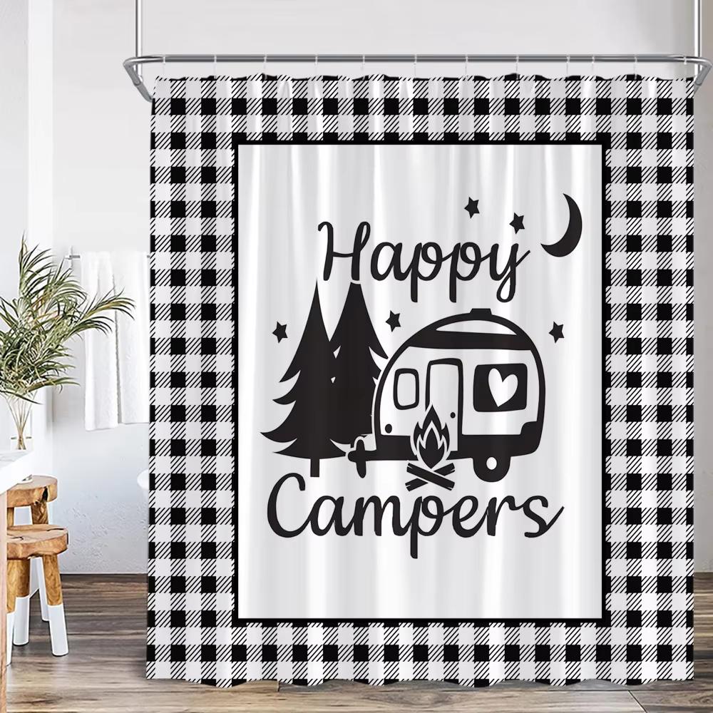 Zasłona prysznicowa do kampera Happy Camper Przyczepa Samochód Kamper Rv Las Góry Namiot Camping Łazienka Zasłona prysznicowa Wodoodporna Zasłona do wanny