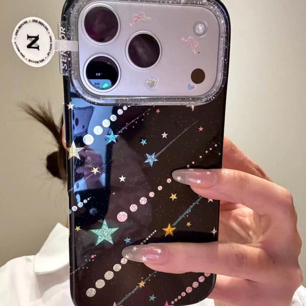 ins black background glitter color dot meteor suitable for iphone17promax apple 16pro mobile phone case 15 niche simple design sense anti-drop