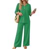 Damen Freizeit Zweiteiler Outfit Set Farbe 3/4 Ärmel Knopfleiste Vorne Oberteil mit Weit Bein Hosen für den Alltag