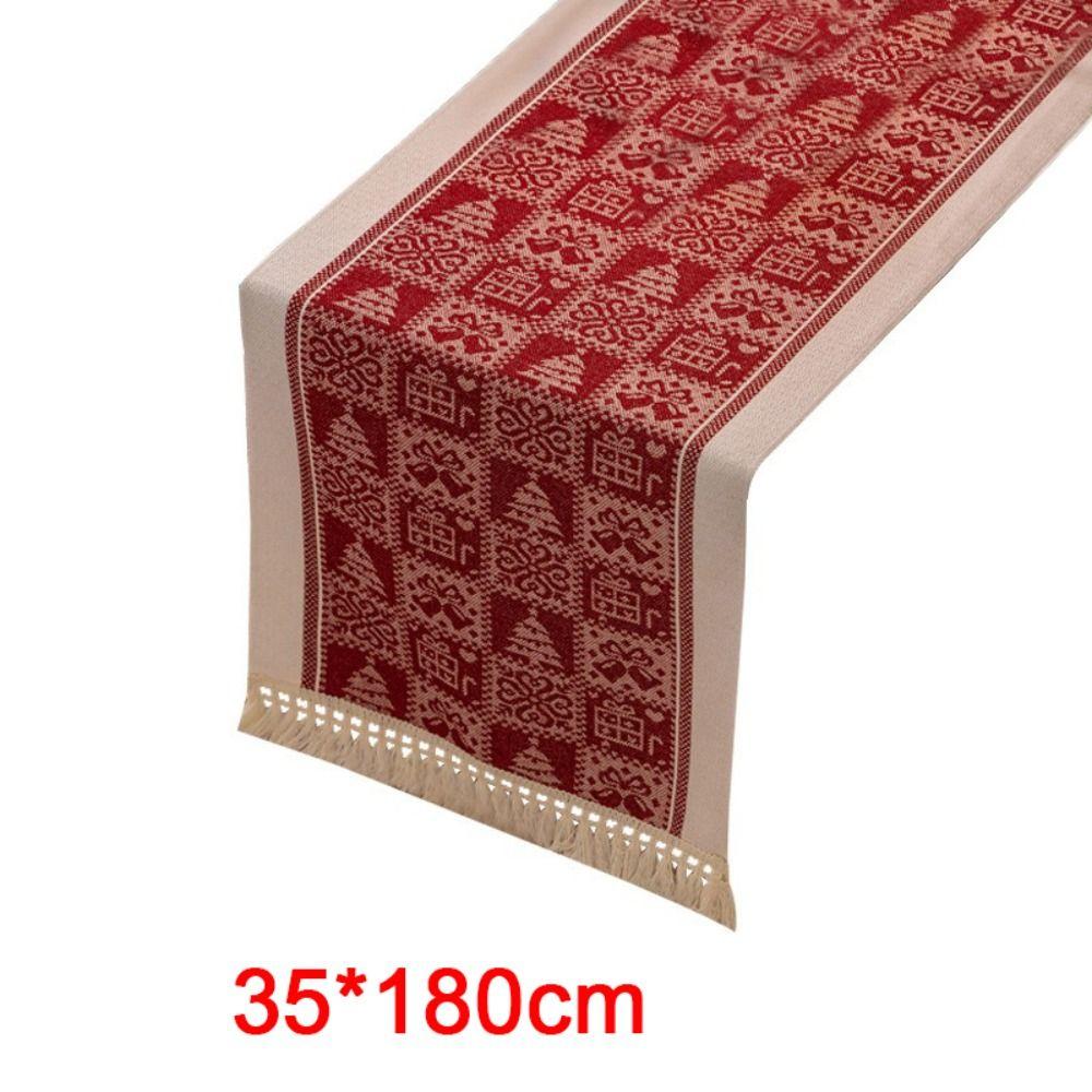Polyester Christmas Table Runner Cartoon Pattern Santa Claus Pattern Table Flag Multi-Color Tassel Snowflake Pattern