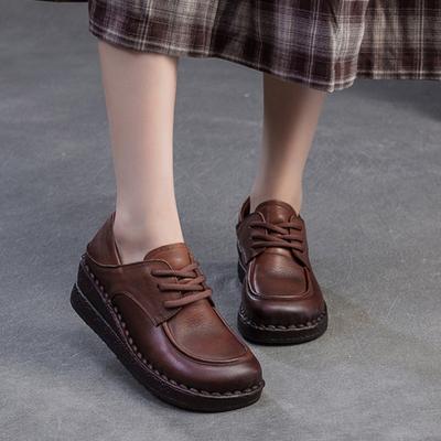 Moda GKTINOO 2025 Otoño Nuevo Cuñas de Piel Genuina Zapatos de Salón Casuales con Cordones Piel de Vaca Suave Suela Suave Zapatos de Mujer