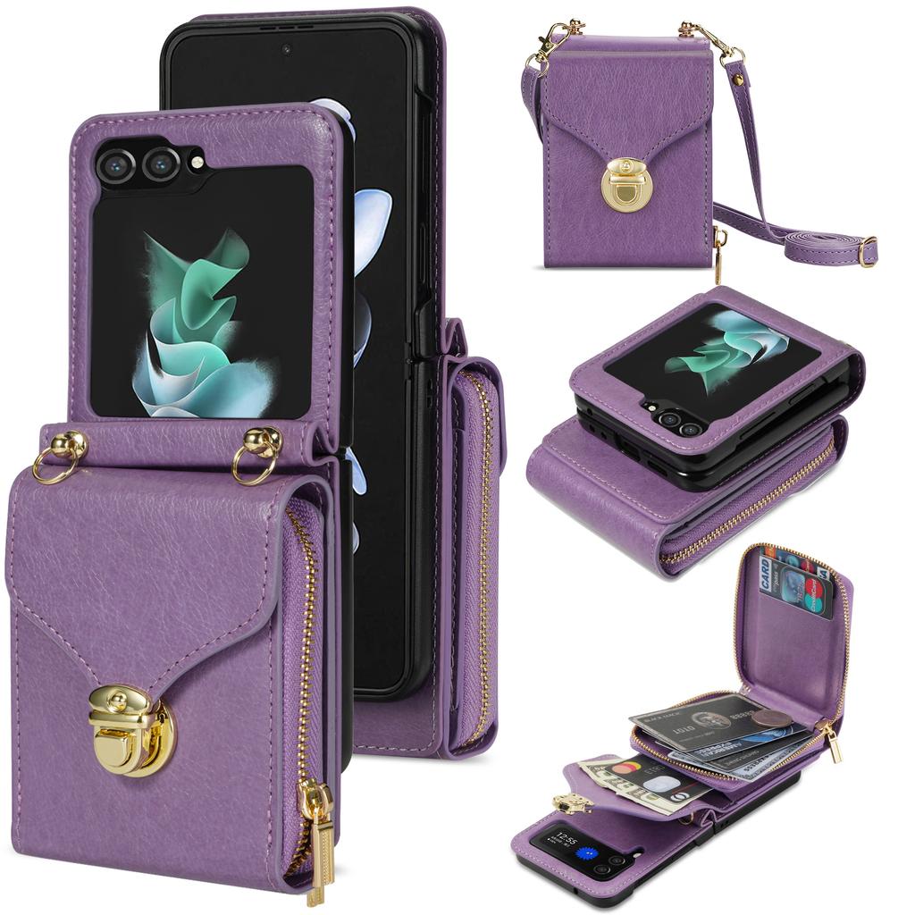 Crossbody Geldbörse Lanyard Ledertasche für Samsung Galaxy Z Flip 5 4 3 5G Flip4 Flip5 Reißverschlusstasche Brieftasche Karten Solt Pocket Cover