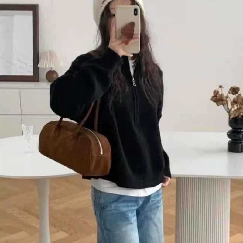 Autumn and Winter New Style Half Zipper Stand Collar Thick Design Knitted Sweater Lazy Style Sweater Jacket Top for Women
