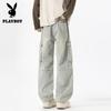 PLAYBOY Men's Loose Straight Leg Multi-Pocket Cargo Denim Pants
