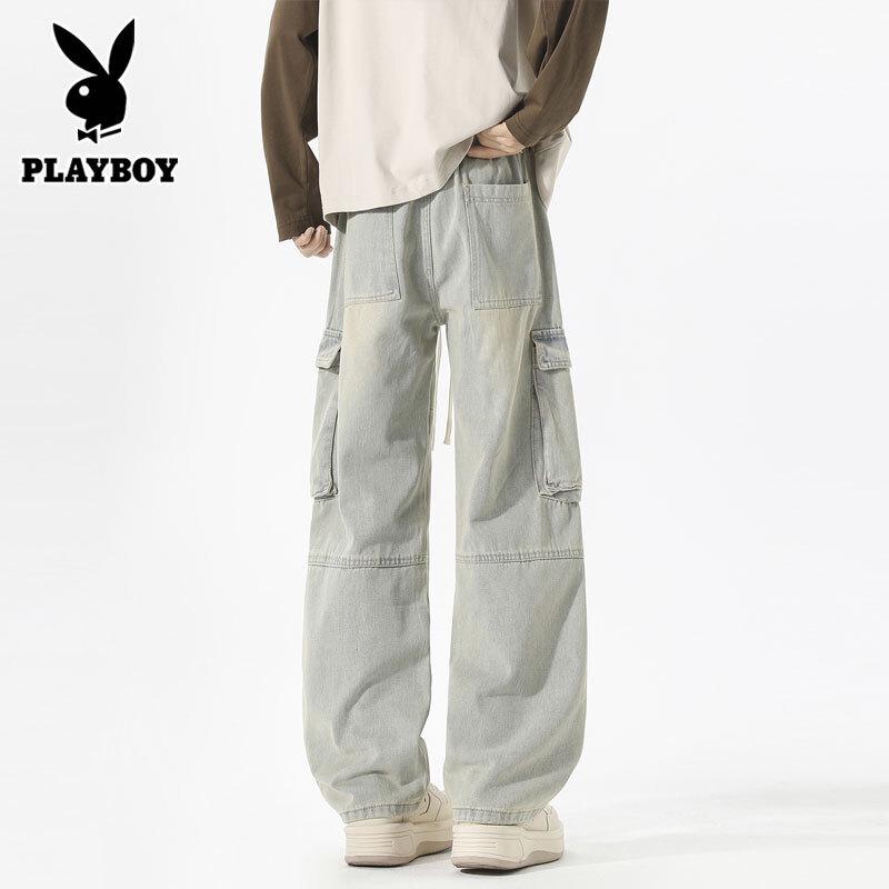 PLAYBOY Men's Loose Straight Leg Multi-Pocket Cargo Denim Pants