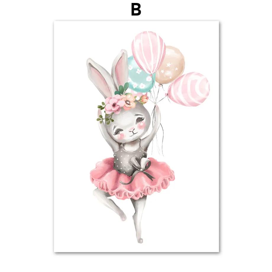 Pink Ballet Bear Rabbit Deer Elephant Flamingo Cat Nursery Wall Art Mural Canvas Painting Poster Print Baby Girl Room Home Decor