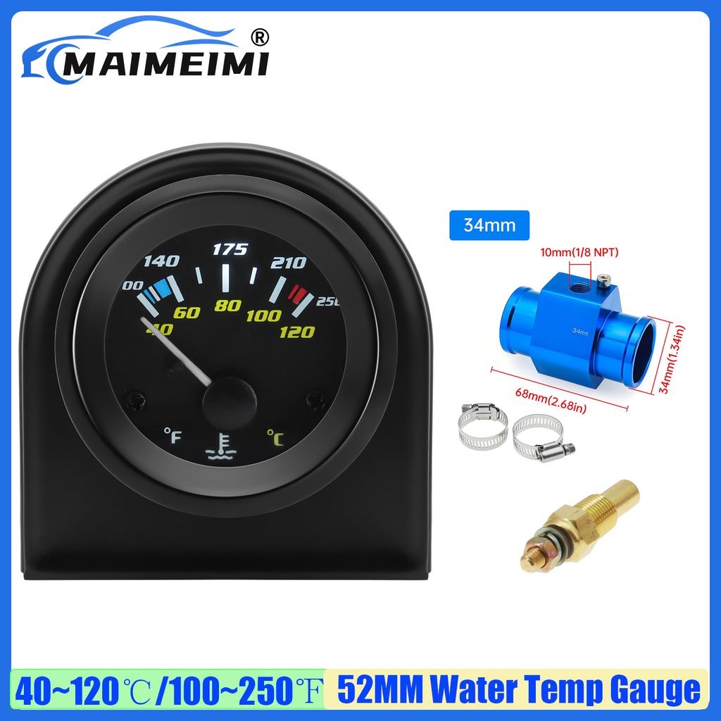 MAIMEIMI 40~120℃ 52MM Water Temperature Gauge with Sensor Temp Joint Pipe Sensor Hose Adapter 26-40MM for Petrol Car 12V