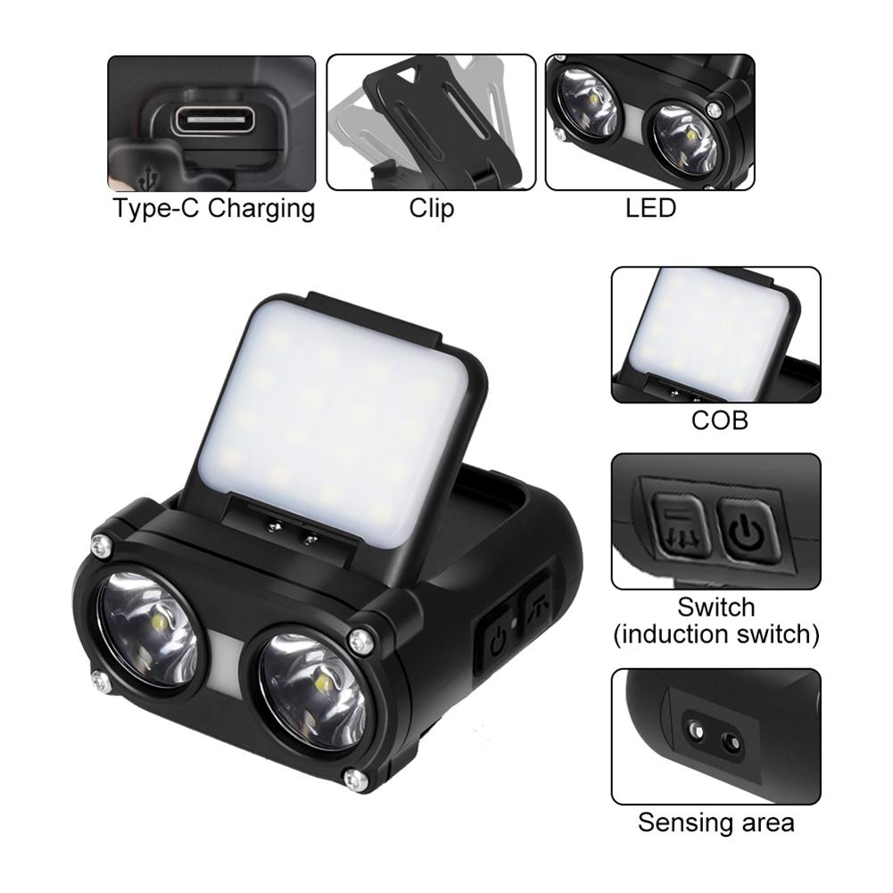 1200mAh Mini Cap Clip Headlamp 700LM TYPE-C Rechargeable Induction LED Light Waterproof LED Sensor Headlight Outdoor Lighting