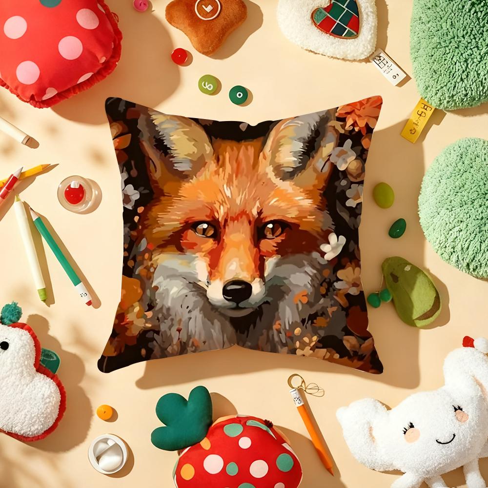 Cute Fox Cushion Cover Plush Fabric Soft Double-Sided Printed Sofa Warm Winter Home Child Gift Pillow Case