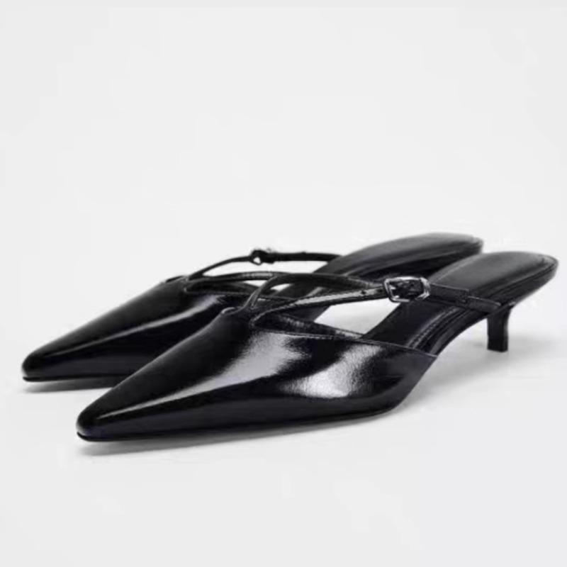 Heels Women Mules Shoes Elegant Pointed Toe Zapatos Mujer Classic Narrow Band Casual Black Female Summer Sandals