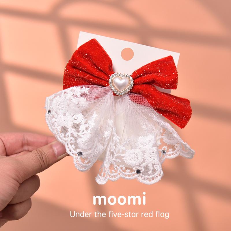 New Year Red Velvet Bow Hair Clips for Girls - Heart Design