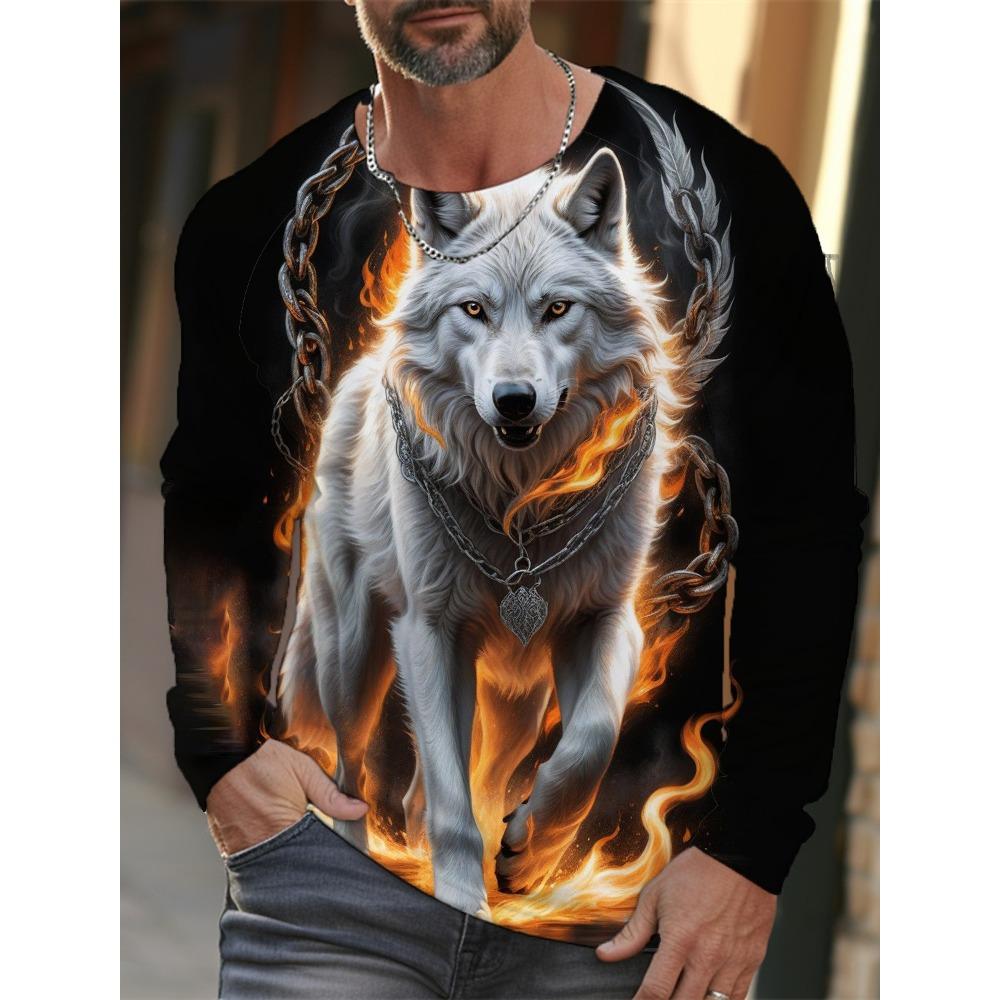 Long-sleeve 3D printed wolf pattern stylish T-shirt, men's street casual, round-neck trendy T-shirt