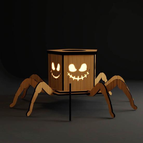Halloween Lighted Pumpkin Lantern LED Wooden Spider Pumpkin Lamp with Spooky Face for Halloween Party Home Yard Decor