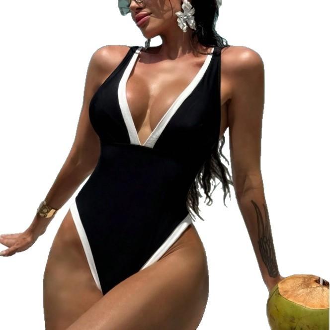 1011 New Black and White Sexy One-piece Swimsuit European and American Swimsuit Shoulder Strap Hollow Plain Color