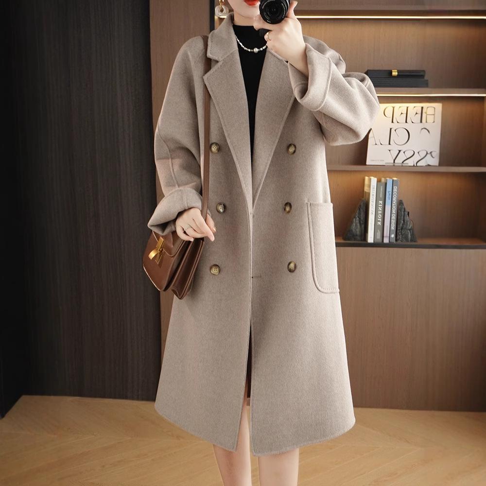 Women's Extra-Long Double-Faced Wool Trench Coat – Classic Suit Collar for Autumn and Winter.