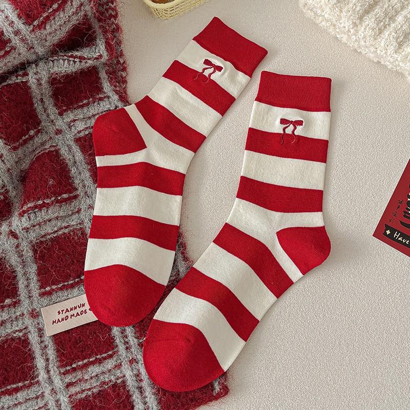 Red Socks Pure Cotton Tube Socks Cute Cat Polka Dot Striped Big Red Boneless Pile Socks Women
