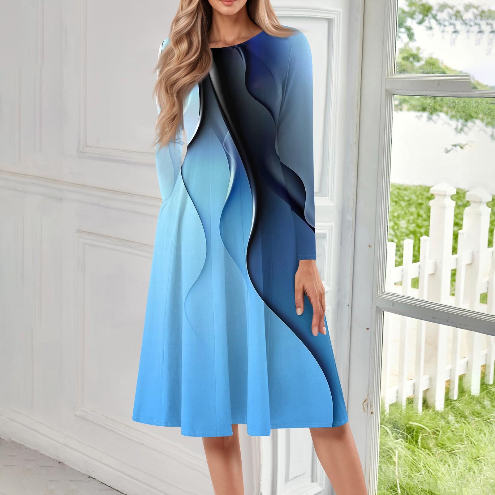 

Женское повседневное модное платье миди с круглым вырезом и длинными рукавами XXXL синий