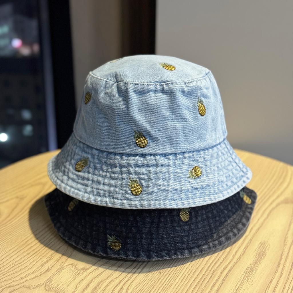 Spring and summer new pineapple embroidered denim fisherman hat for women, washed vintage outdoor versatile sun protection bucket hat