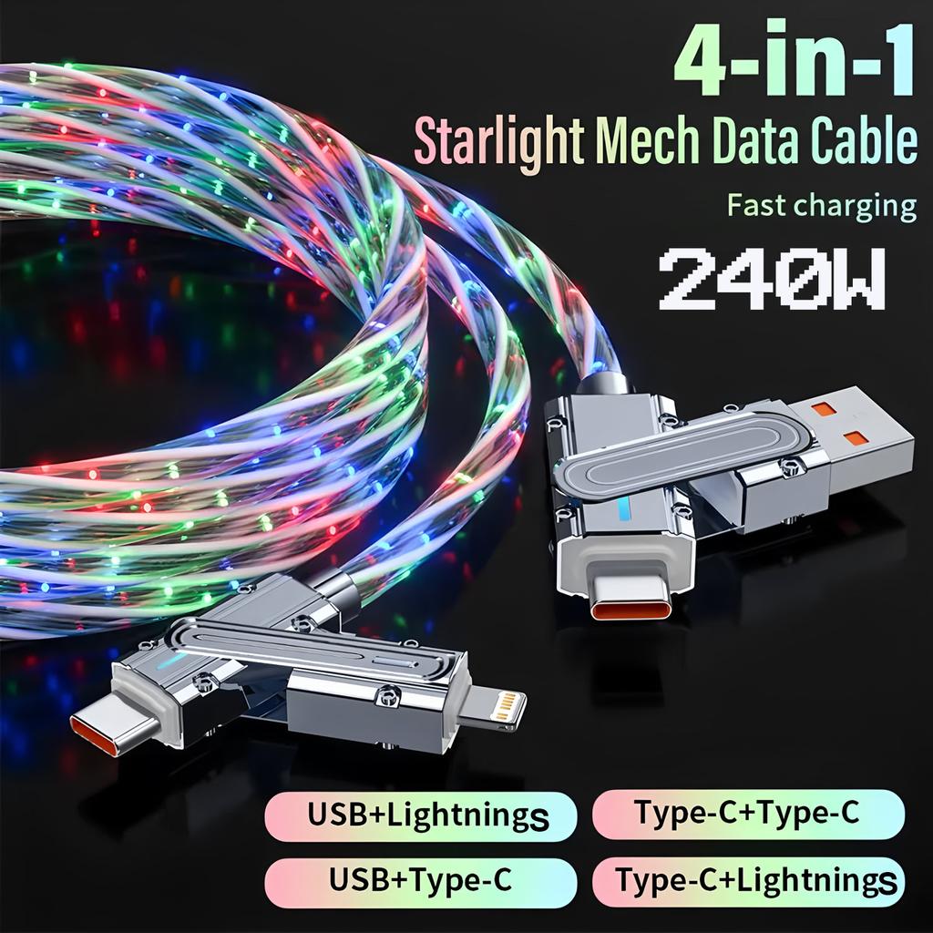 4 in 1 USB Type C Charger Cord,1M Fast Charging RGB Cable 240W Starlight Mech Data Cable,For iPhone16-8 Samsung Xiaomi Huawei