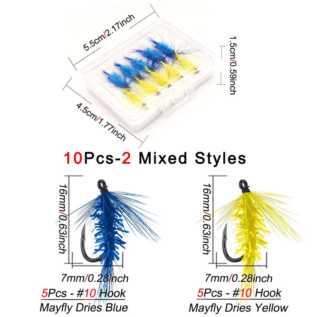 Trockenfliegen Angelköder-6/10Stk.-Blau&Gelb Maifliege Trockenfliegen Kristallfaden Seidenkörper Köder Größen#10 Für Forelle/Barsch/Karpfen usw. im Süßwasser oder Salzwasser.
