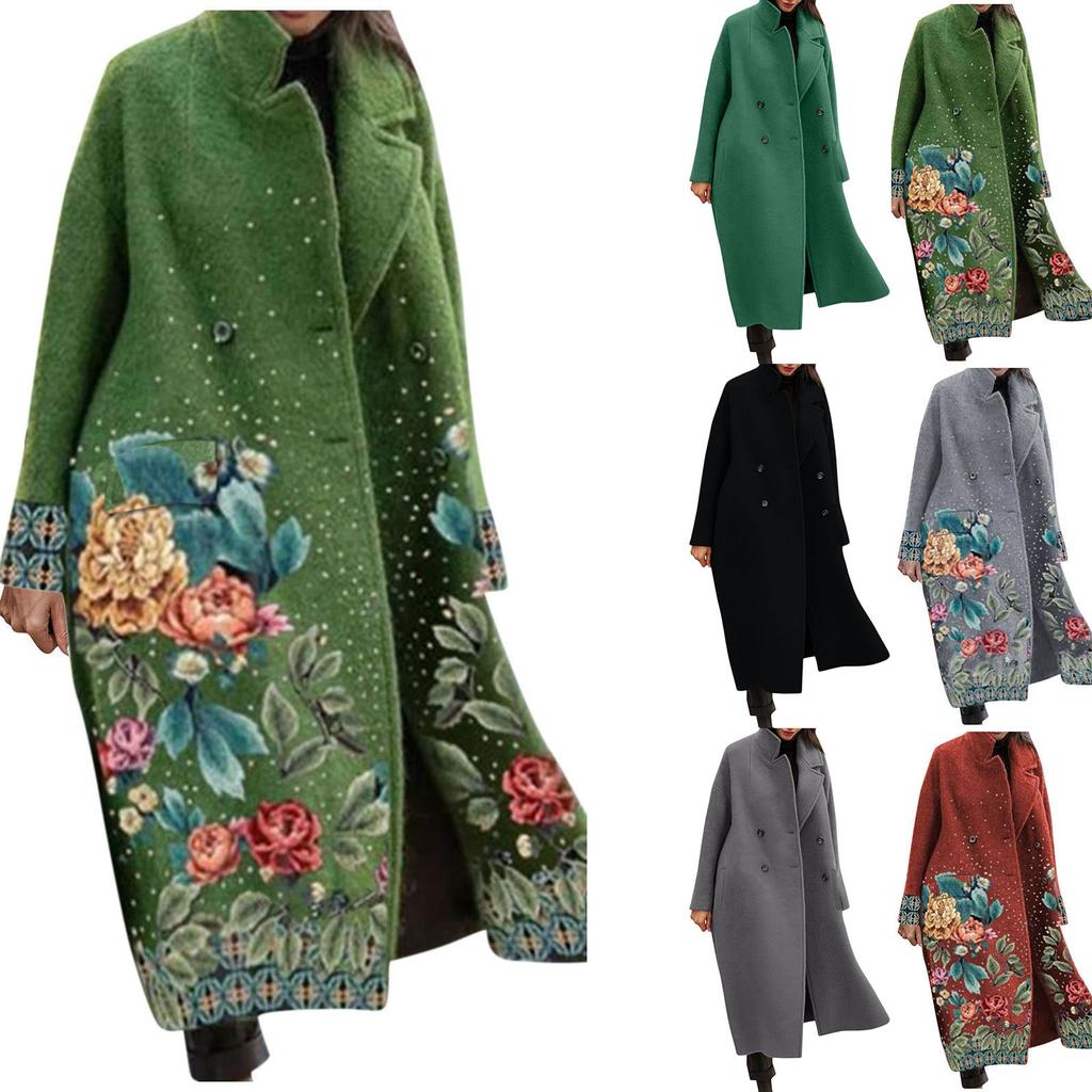 Women's Long-sleeved Color Floral Print Lapel Coat