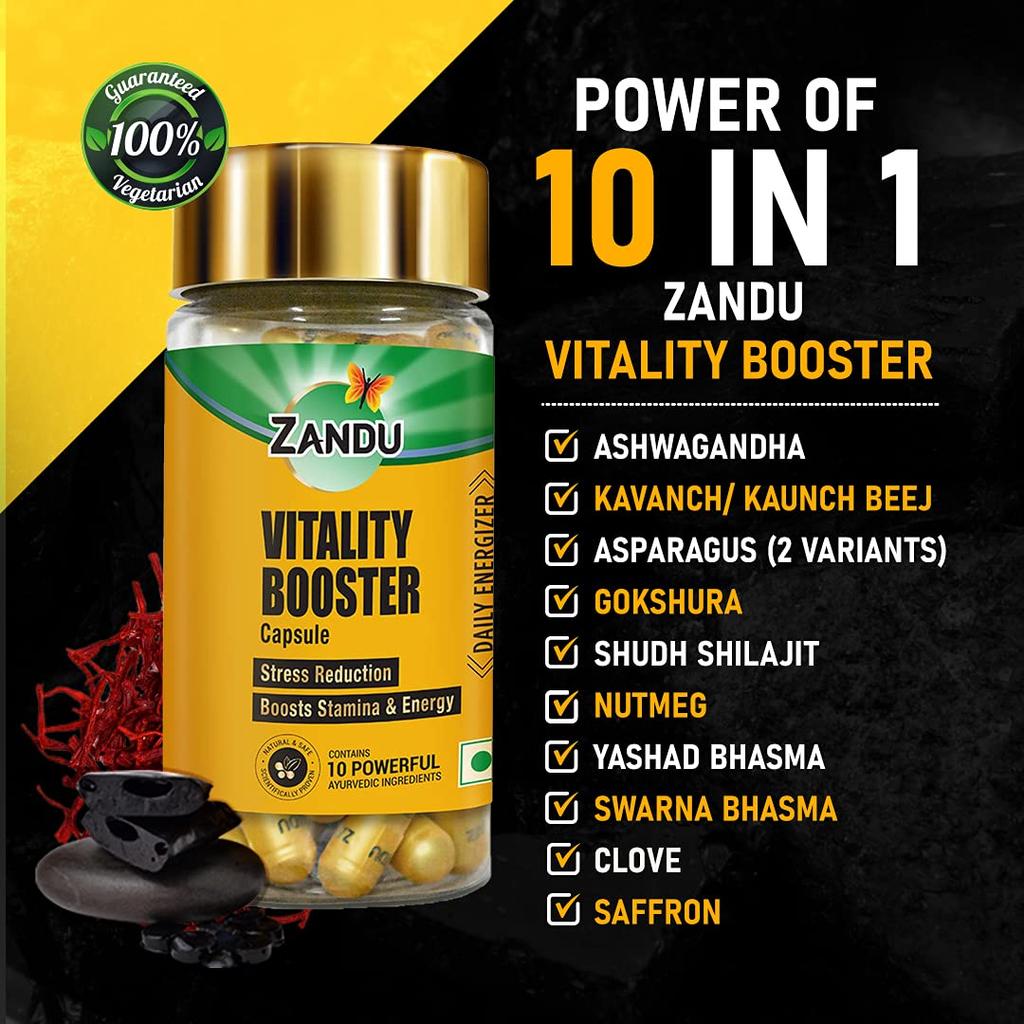 Zandu Vitality Booster Capsules For Energy Stamina And Active Lifestyle Daily Herbal Supplement 60 Veg Capsules