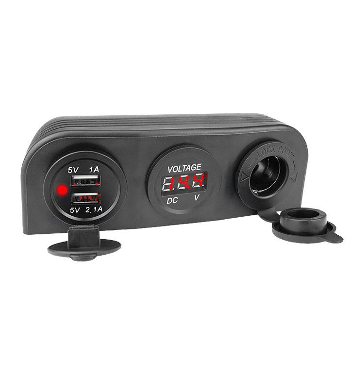3.1A Dual USB Car Charger 12V/24V Cigarette Lighter Socket Outlet Voltmeter with 3 Holes Tent Base for Car Motorcycle Boat ATV