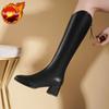 Autumn Winter Square Toe Middle Heel Women's Long Boots Leather Fleece-Lined Ladies Knee High Shaft Shoes New Rock Goth Boot