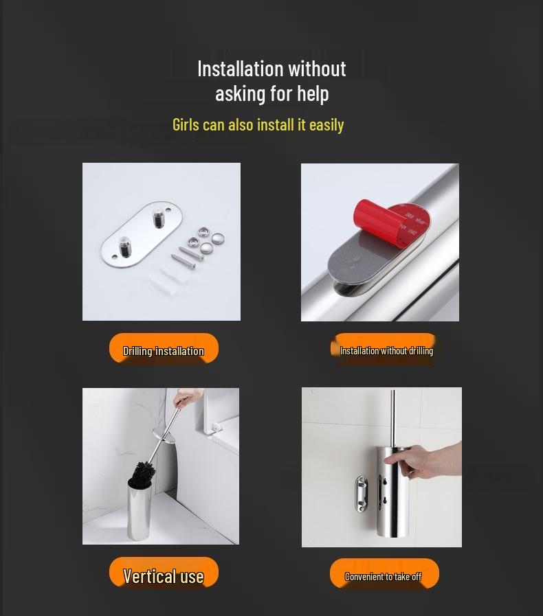 Stainless Steel Wall-Mounted Toilet Brush Set, Punch-Free & Odor-Proof.