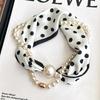 Vintage Floral Silk Neckerchief Wrap With Pearls Chain Necklace And Buckle For Women Magnetic Narrow Elegant Satins Neck Scarf