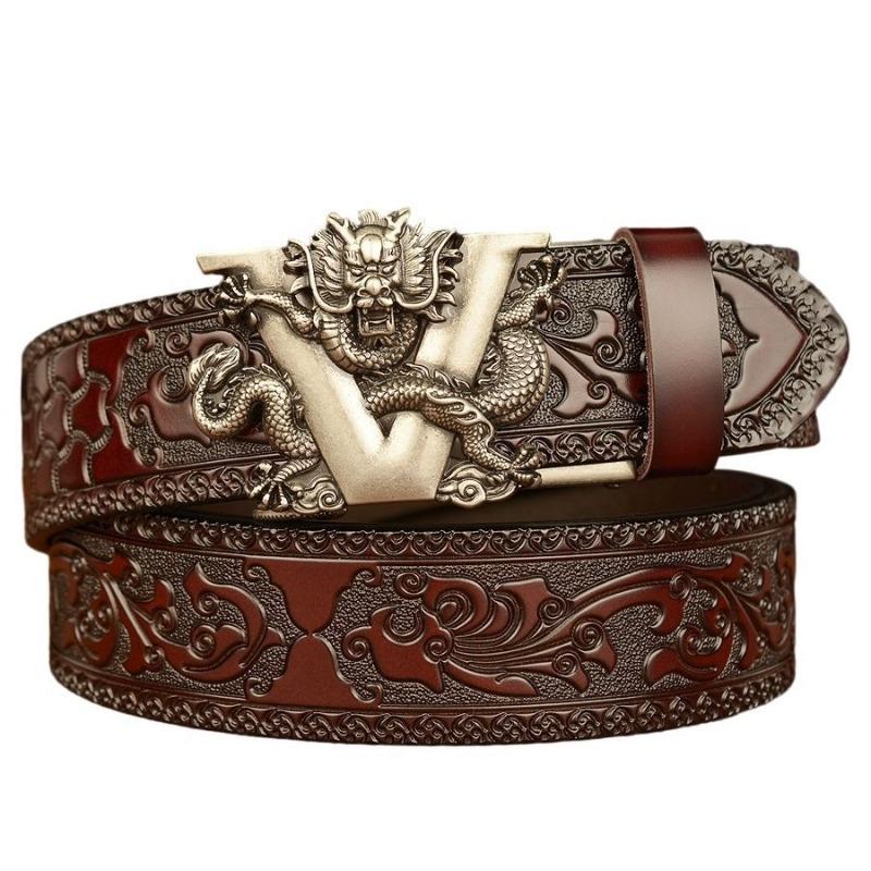 Domineering Tang grass pattern engraved men's automatic imitation copper buckle belt, personalized