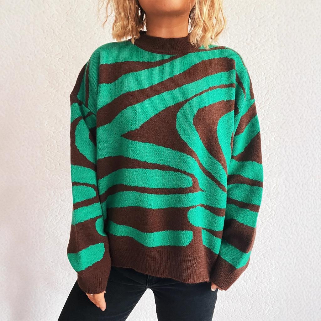 Damen Pullover 2025 Neue Farbe Color Block Zebra Muster Damen Pullover Rundhals Modisch Chic Gestrickter Pullover Lässiger Pullover CR4368