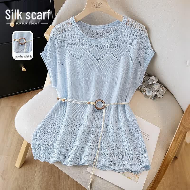 Women s Round Neck Hollow Knit Lyocell Summer Top One Size