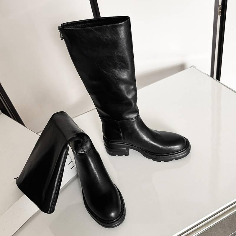 Autumn and Winter Medium Heel Large Size Knight Boots Women's Solid Color Sleeve Large Tube Circumference Women's Boots Thick-soled Versatile Cowhide
