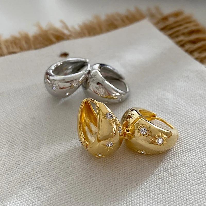 Stainless Steel Smooth Star Zircon Hoop Earrings for Women Girls Metal Chunky Sun Rhinestone Ear Buckle Punk Y2K Elegant Jewelry