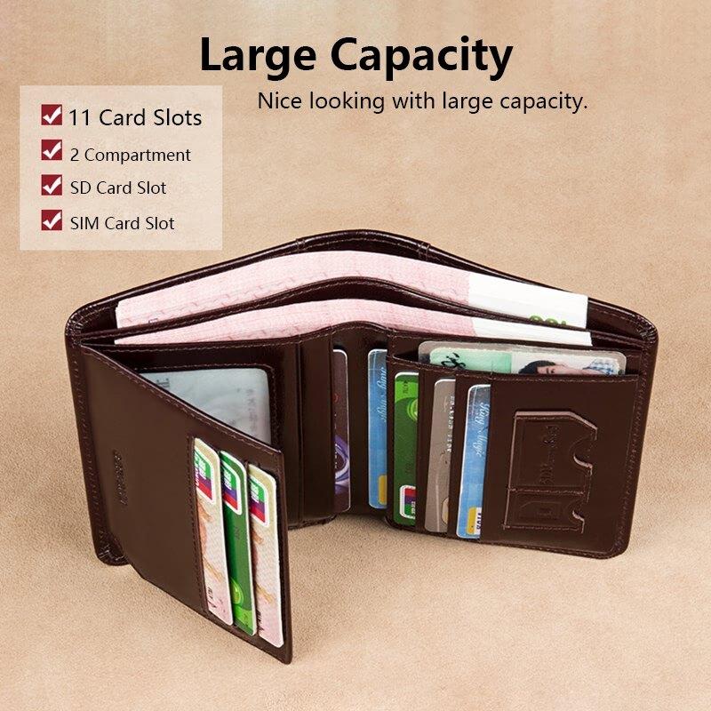 Men's Wallets RFID Blocking Genuine Leather Trifold Business Short Purse Wallet for Men with ID Window and Credit Card Holder