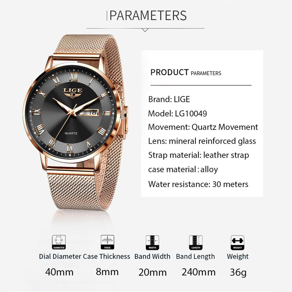 Luxury Mens Fashion Lige Quartz Watch Casual Mesh Strap Date Week Ultrathin Mens Clock