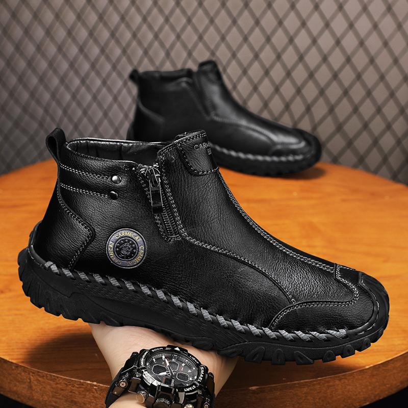 Fashion Natural Cow Leather Men Boots Handmade Retro Genuine Leather Winter Shoes Anti-slip Wear-resistant Comfortable Soft-soled Outdoo