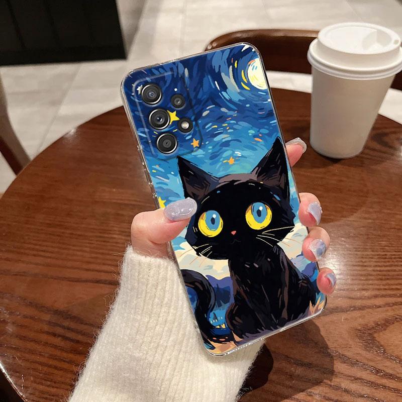Retro Oil Painting Starry Sky Cat Clear Phone Case For Samsung Galaxy A56 A57 A37 A55 A54 A36 A35 A26 A25 A16 A17 A07 A52 Cover