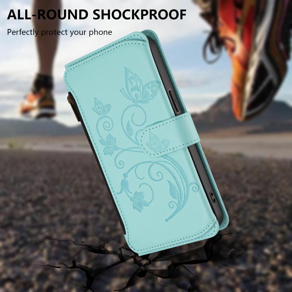 Dla iPhone 17 Pro Max Skórzane Etui Motyl Kwiatowy Wzór Portfel na Zamek Pokrowiec z Podstawką z Paskiem na Nadgarstek