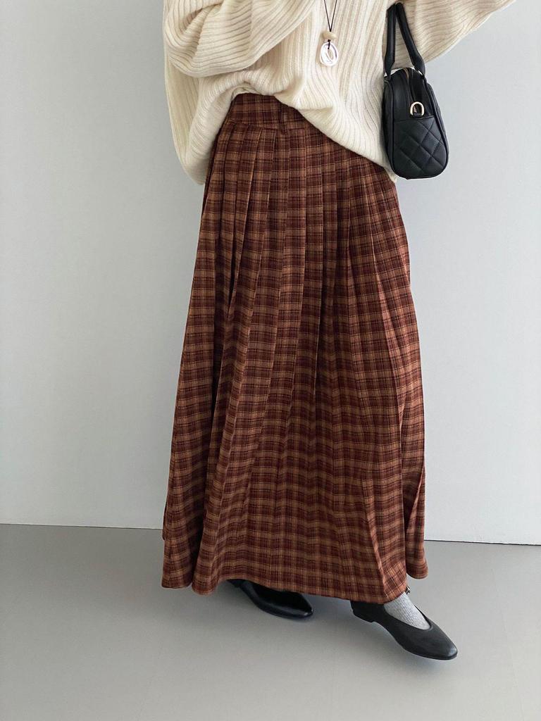 Korean Retro Plaid High Waist Midi Skirt - Women's Versatile A-Line 